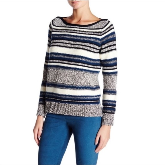 Vince Multicolor Textured Stripe Wool Blend Boatneck Pullover Sweater - Picture 1 of 10